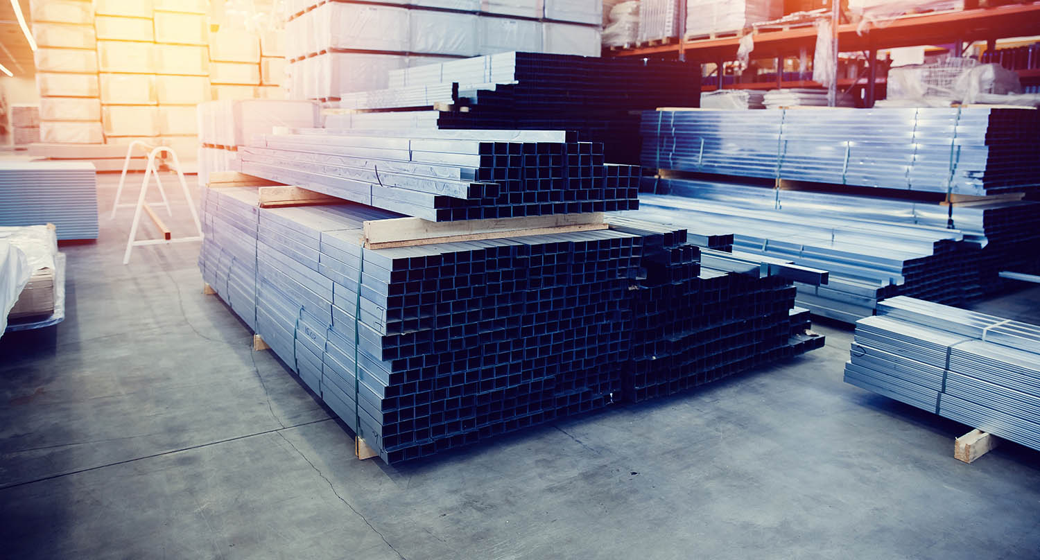 Steel, Shelf with structural materials on the shelves in the bui